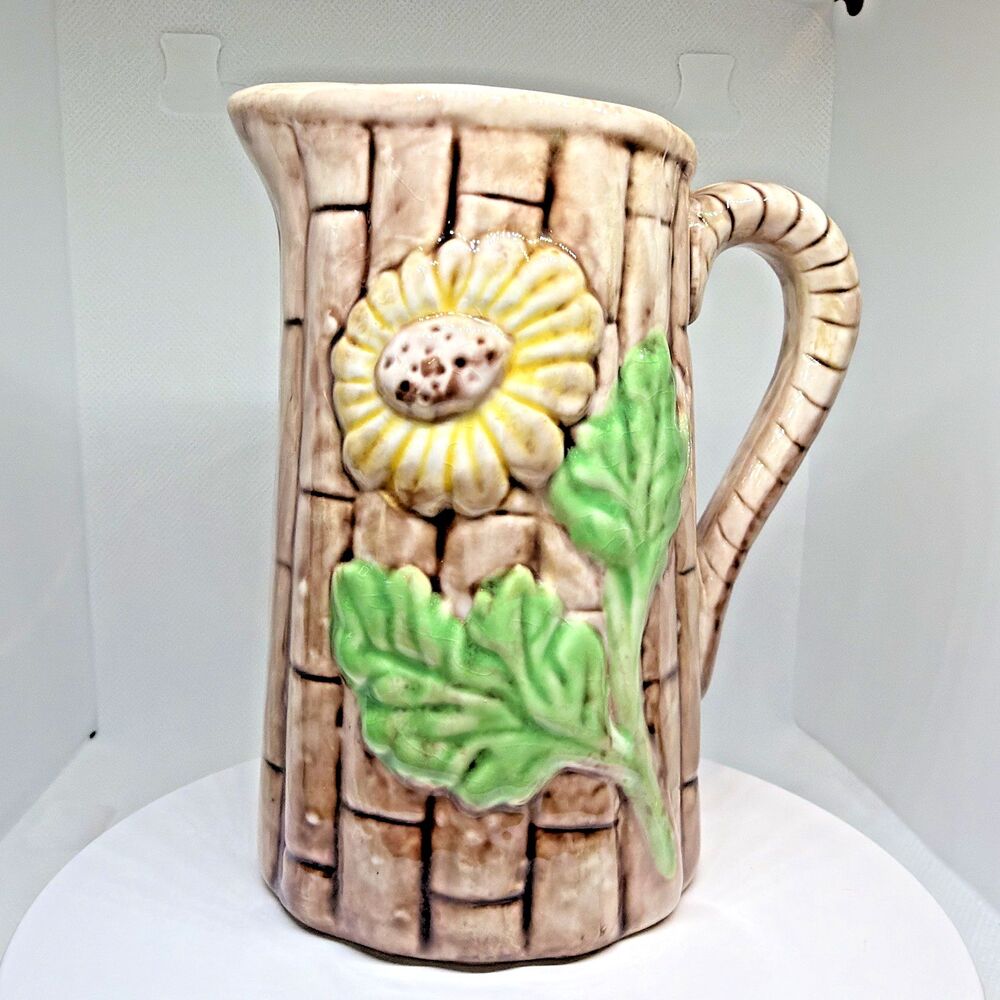 Vintage Majolica Yellow Sunflower / Pink Blossom Cluster Pitcher Creamer Handle